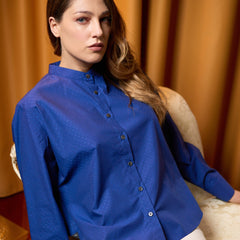 Vittoria women's blue cotton shirt, guru collar.