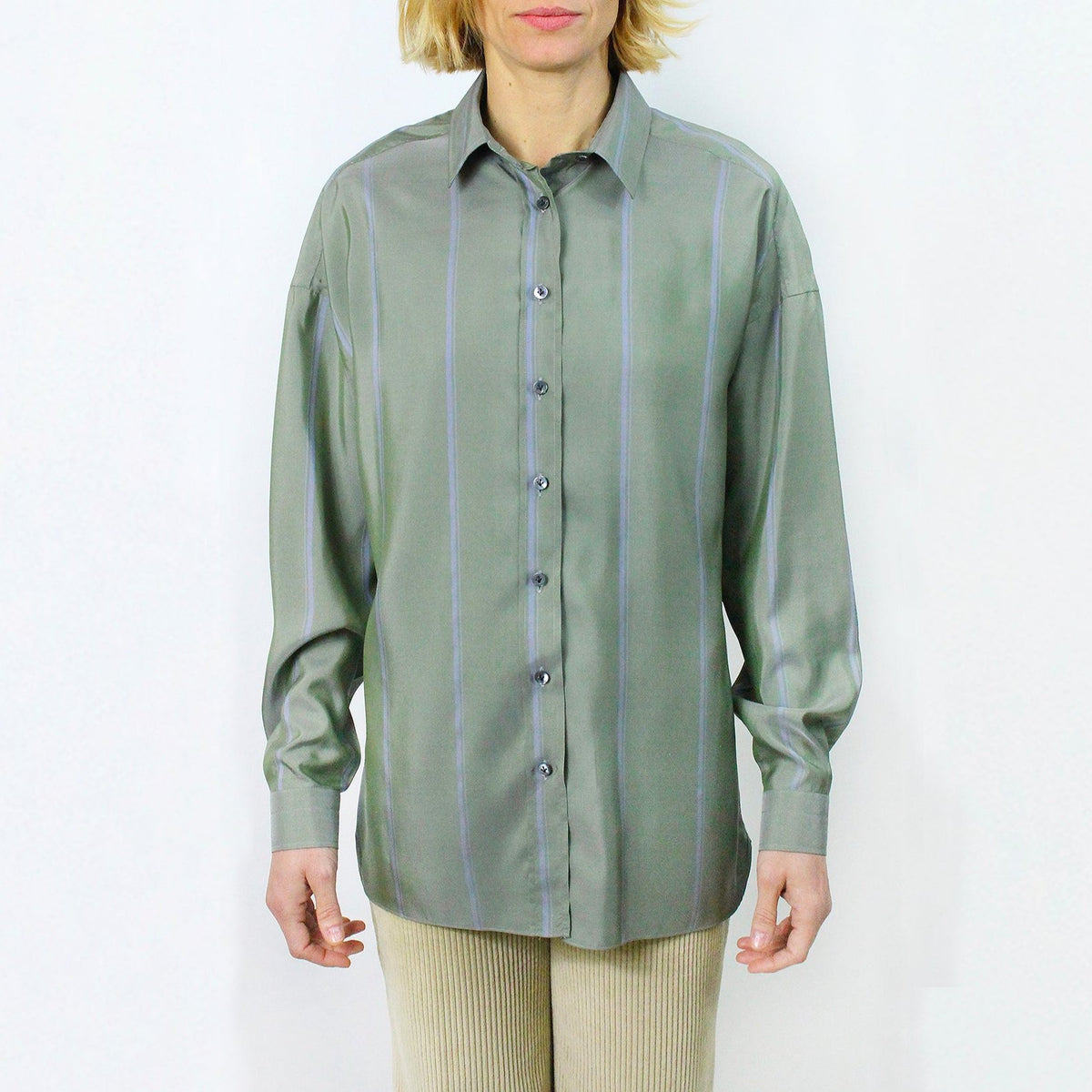 Grace women's over fit shirt in green striped silk blue