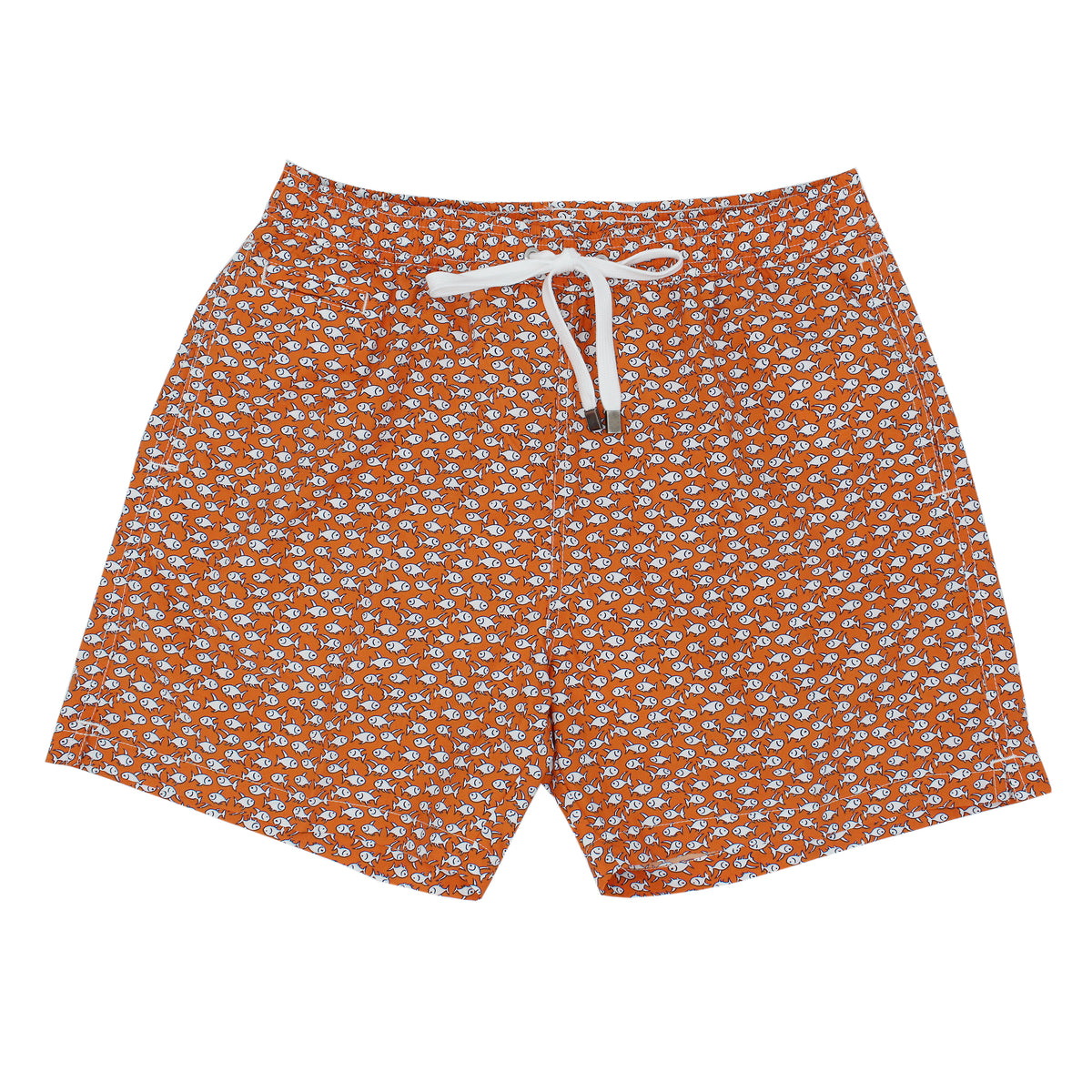 Orange swimming shorts with fish. Quick-drying and multi- pockets