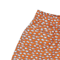 Orange swimming shorts with fish. Quick-drying and multi- pockets