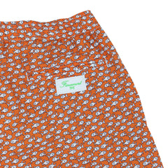 Orange swimming shorts with fish. Quick-drying and multi- pockets