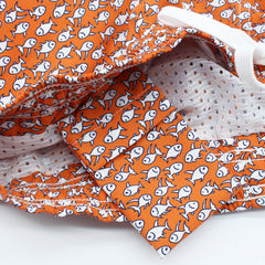 Orange swimming shorts with fish. Quick-drying and multi- pockets