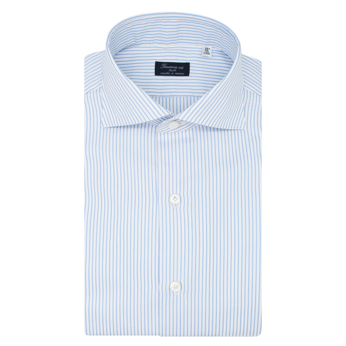 Light blue striped cotton Napoli shirt. Shoulder without arriccio