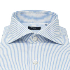 Light blue striped cotton Napoli shirt. Shoulder without arriccio