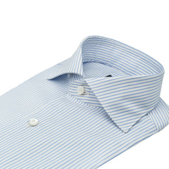 Light blue striped cotton Napoli shirt. Shoulder without arriccio