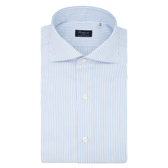 Light blue striped cotton Napoli shirt. Shoulder without arriccio