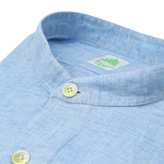 TOKYO slim sports shirt in blue cotton twill. Korean collar